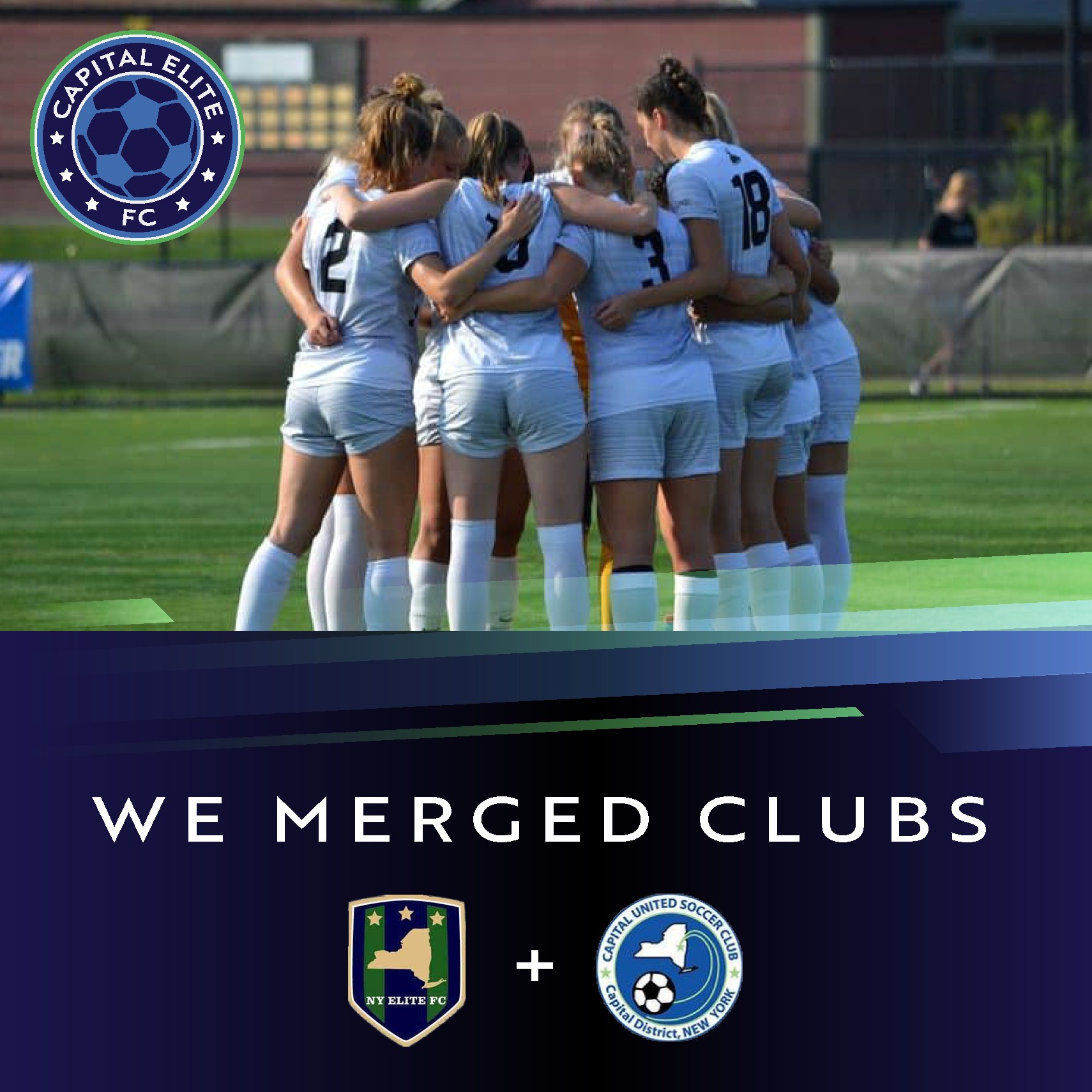 Graphic announcing merger of NY Elite FC and Capital Unlimited girls soccer clubs.
